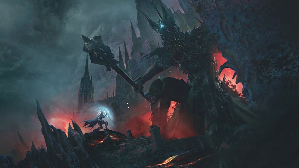 Art of the giant evil creature Morgoth facing off against a tiny Fingolfin