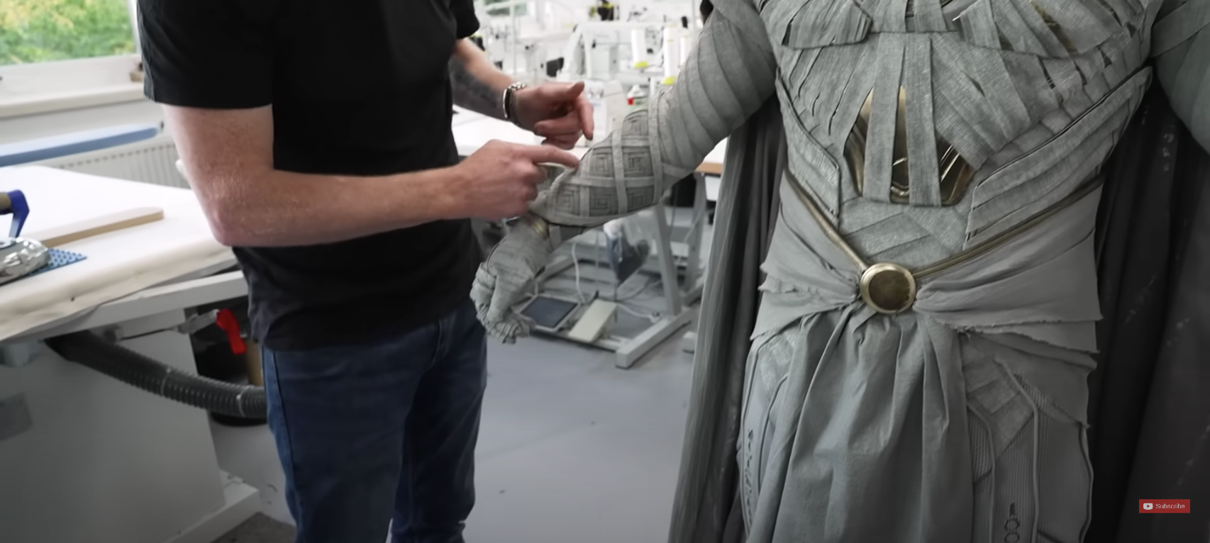 Adam Savage marvels at the pleating on the Moon Knight Costume Vambrace