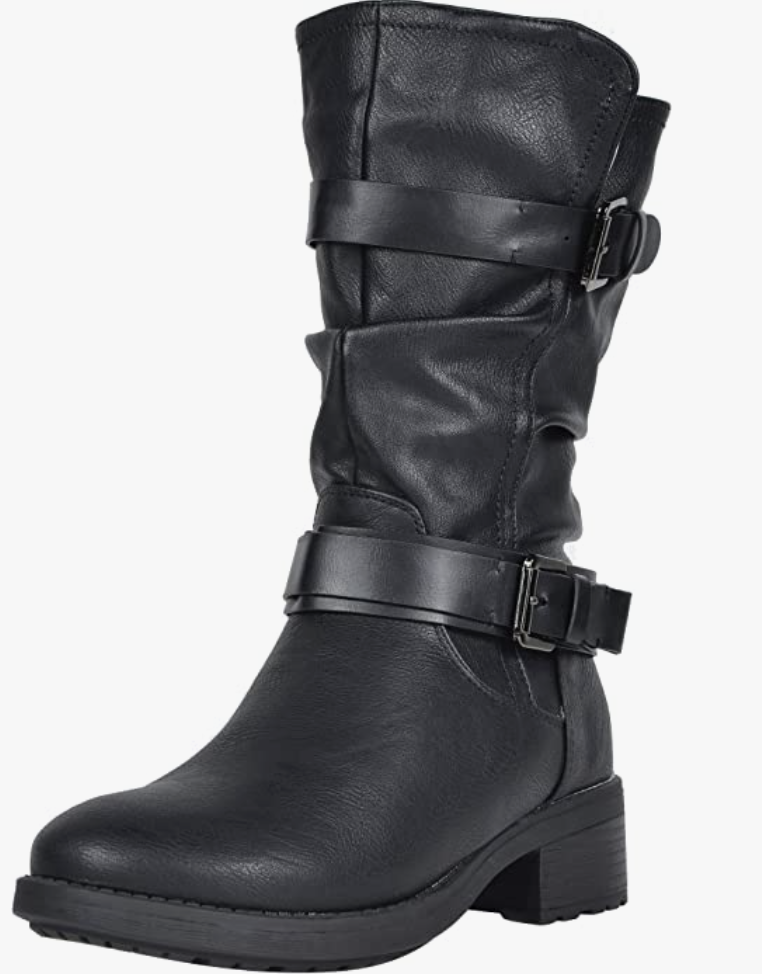 black leather many-buckled boots